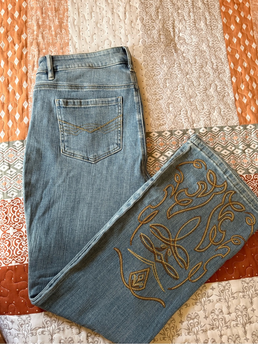 Idyllwind Light Blue Bootcut Jeans with Gold Thread Embroidery
